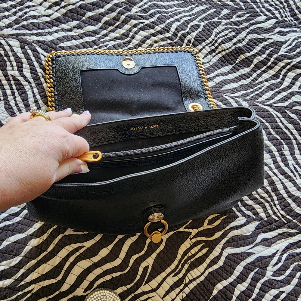 Rebecca Minkoff Black Leather Shoulder Bag with Gold Chain - Picture 7 of 10